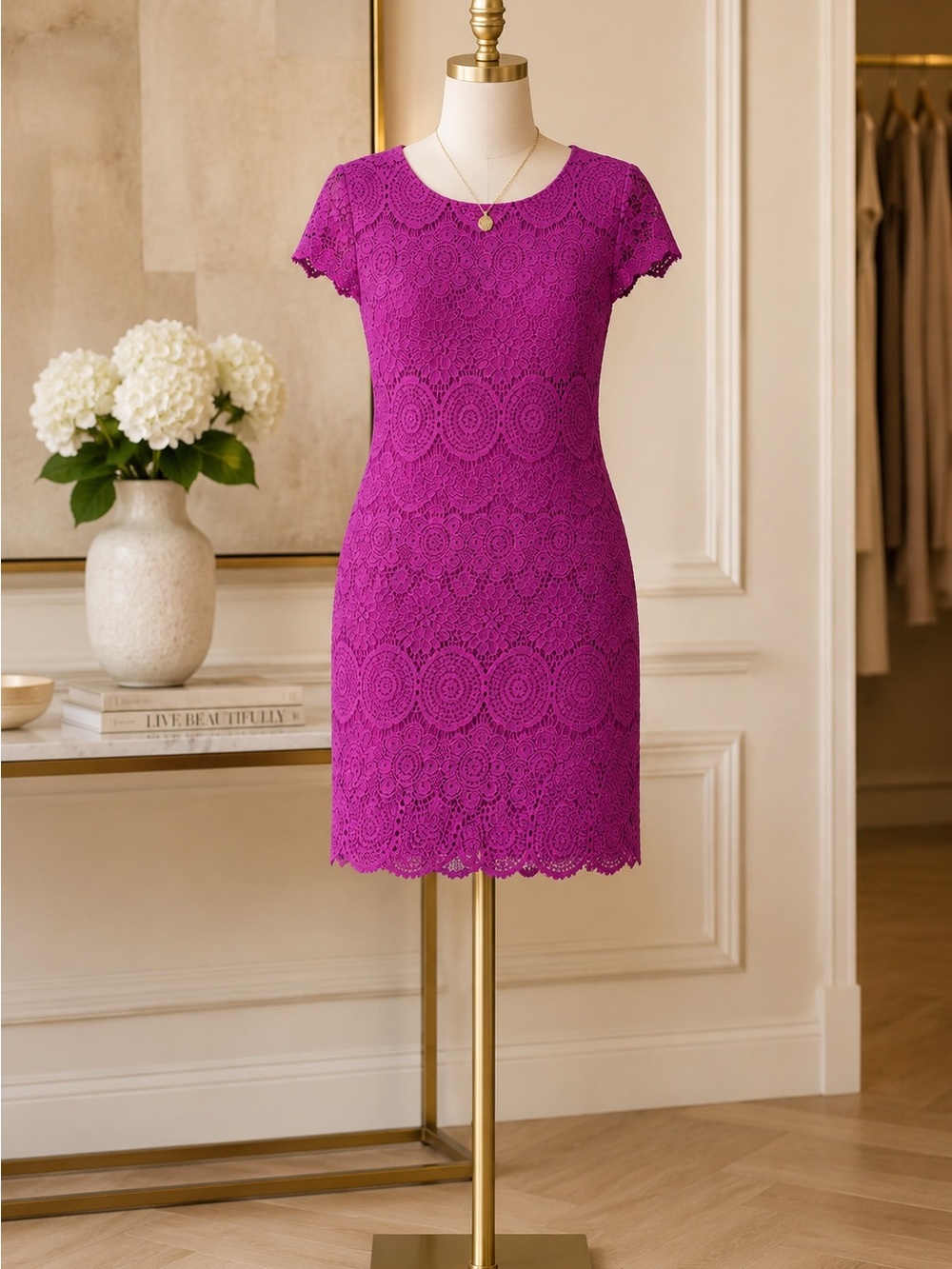 Laundry Shelli Segal Fuchsia Lace Sheath Mini Dress 6 Y2K Romantic Cocktail - Picture 2 of 9